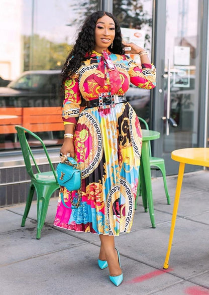 African print long dress in large size with a bow-shaped collar and three-quarter sleeves