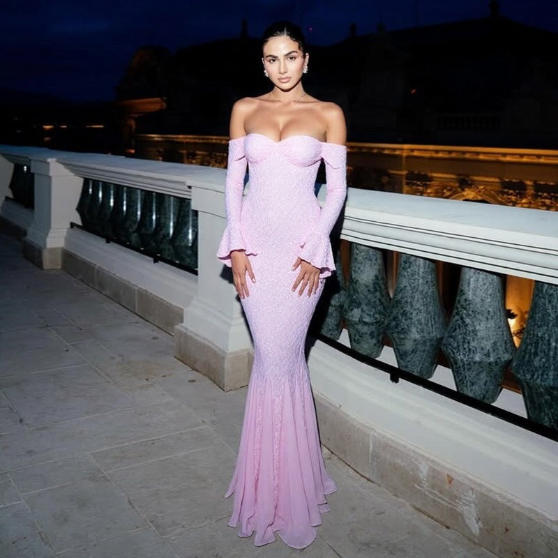 Off-Shoulder Lace Trim Mermaid Dress