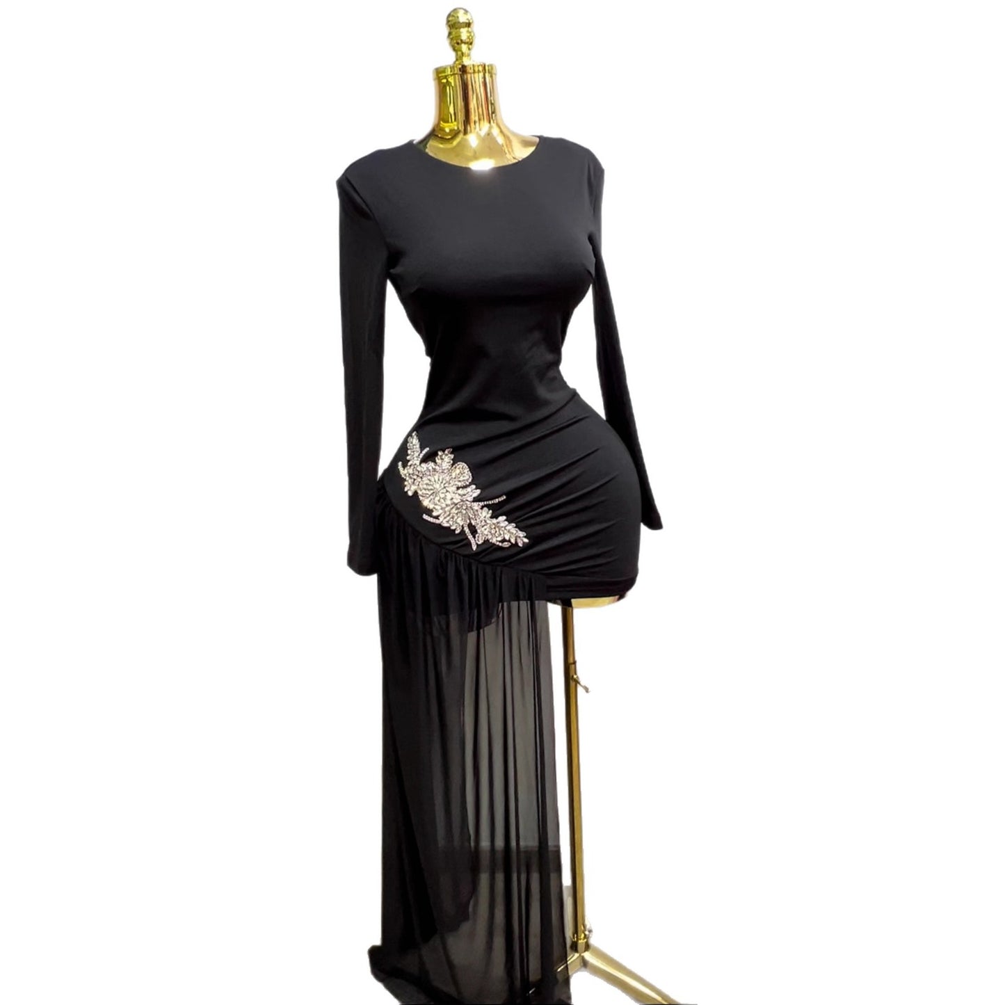 Diamond Rhinestone Slim Fit Long Sleeve Dress