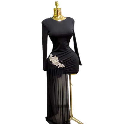 Diamond Rhinestone Slim Fit Long Sleeve Dress