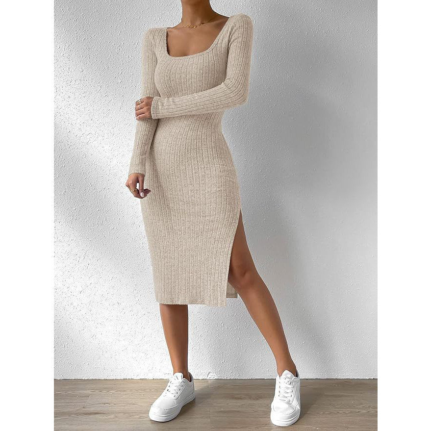 Women's Solid Color Polyester Dress with Square Collar