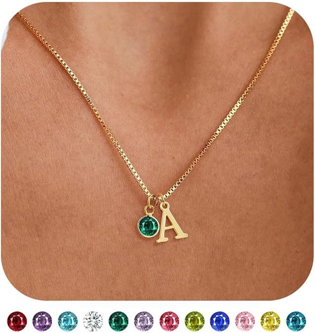 14K Gold Plated Initial Birthstone Necklace Clavicle Chain