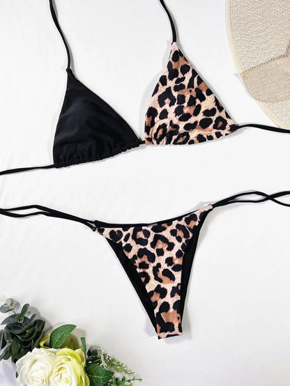 Leopard Print Backless Strap Bikini Set