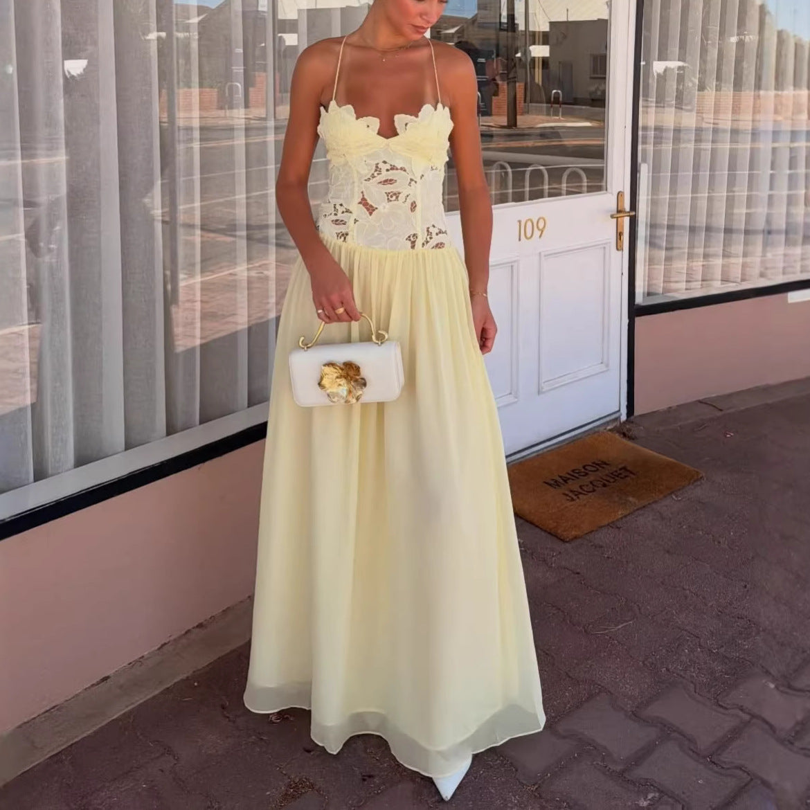 Cream Floral Lace Cross Back Long Dress