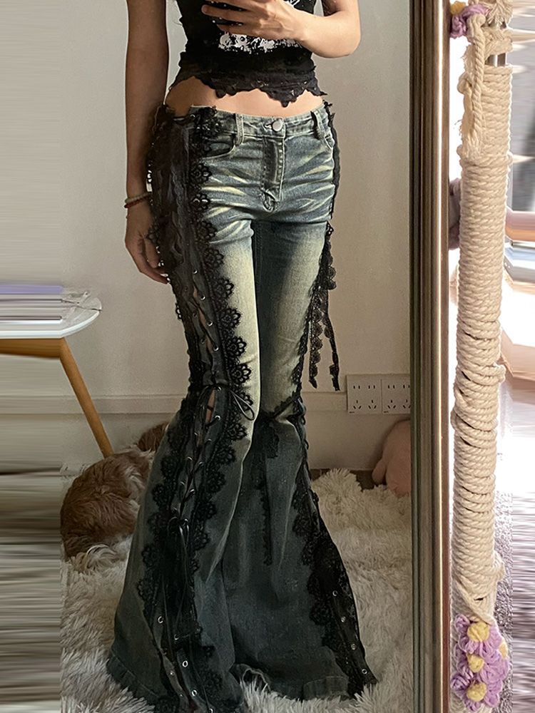 Flared Denim Pants with Lace