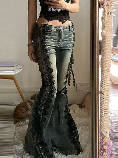 Flared Denim Pants with Lace