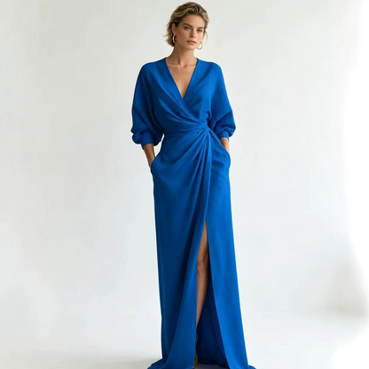 Solid Color V-Neck Long Sleeve Dress
