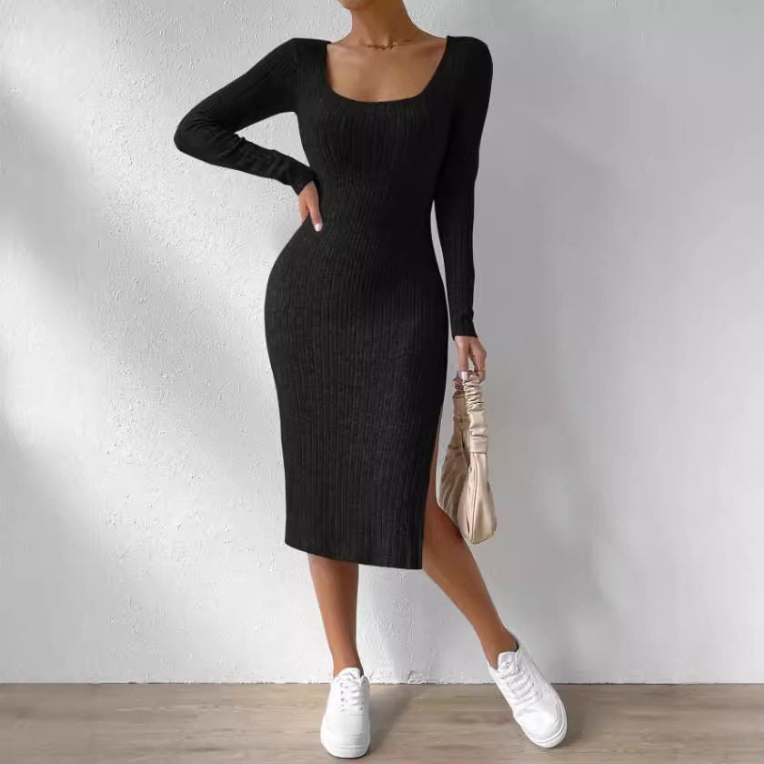 Women's Solid Color Polyester Dress with Square Collar