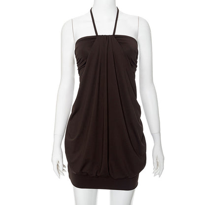 Solid Color Suspender Backless Dress