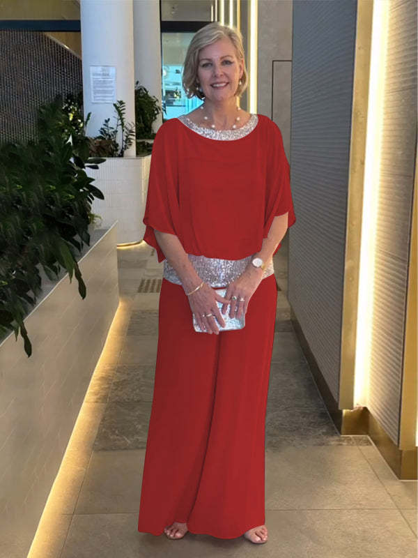 Sequin Bat Sleeve Shirt and Wide Leg Pants Set