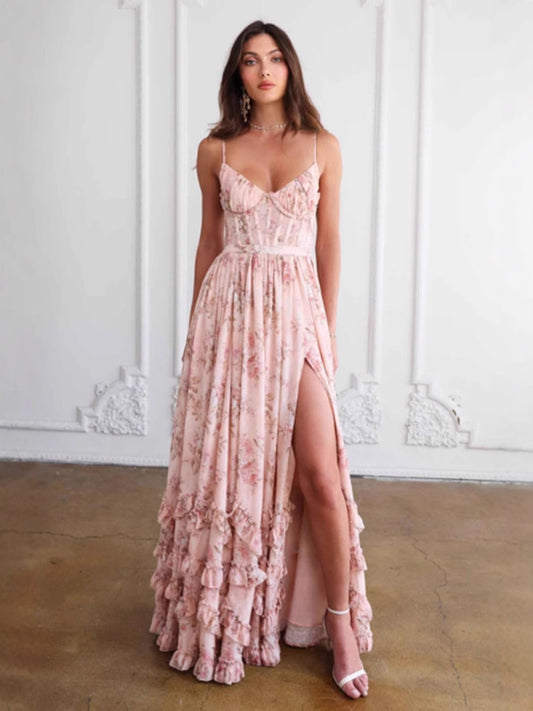 Floral Print V-Neck Long Dress