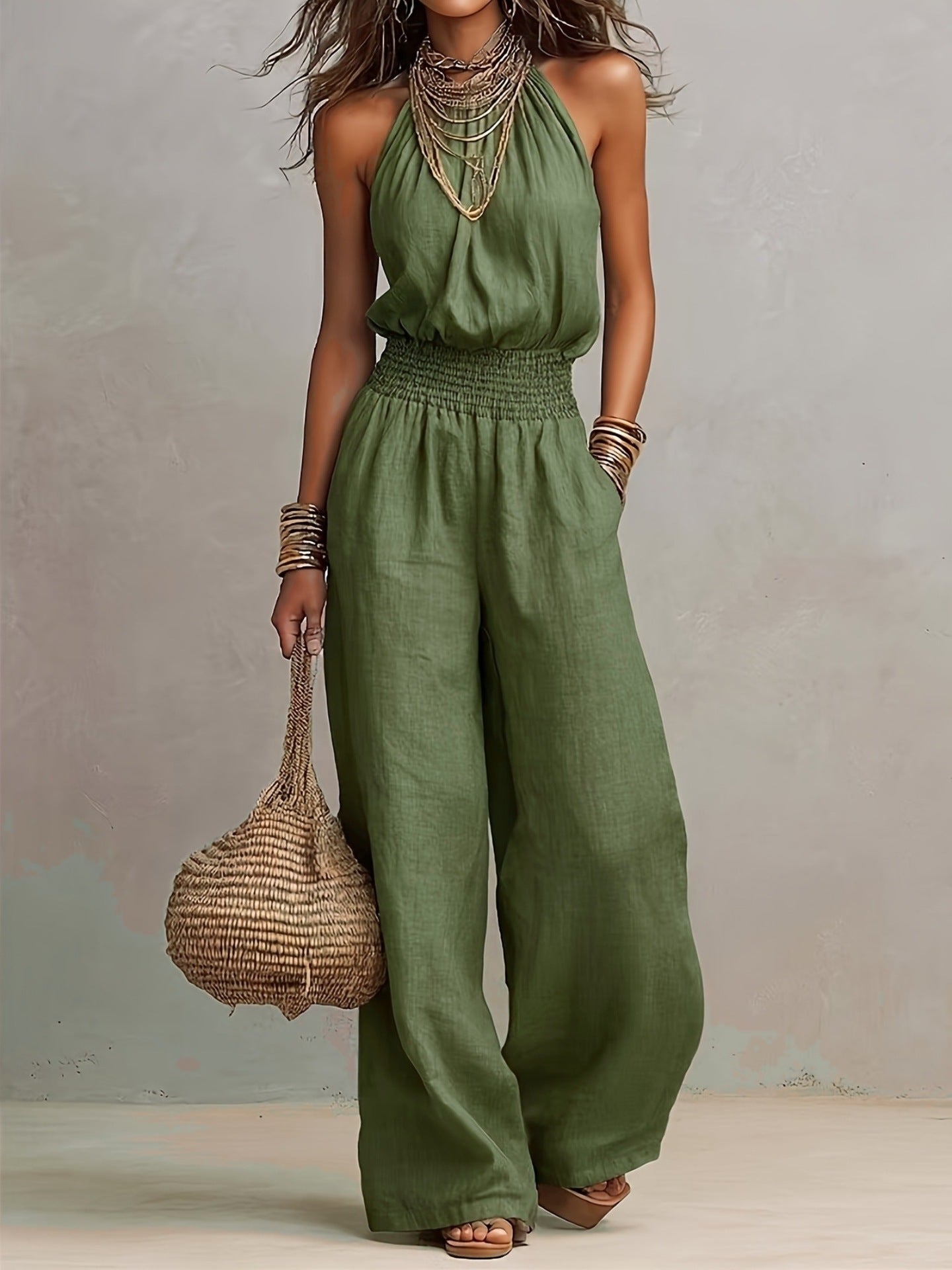 Linen European-style  dress with backless one-piece pants