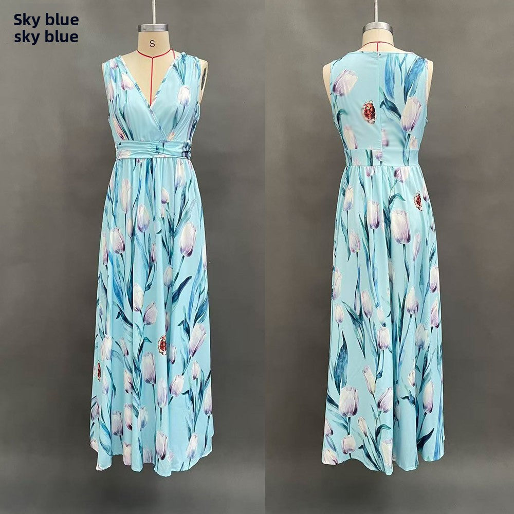 Floral Print V-Neck Sleeveless Long Dress