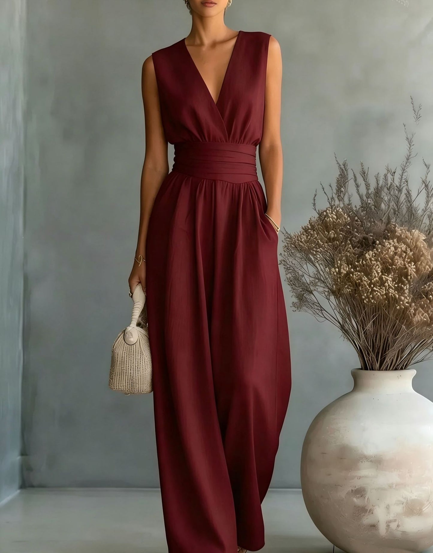 Elegant V-Neck Wide Leg Jumpsuit