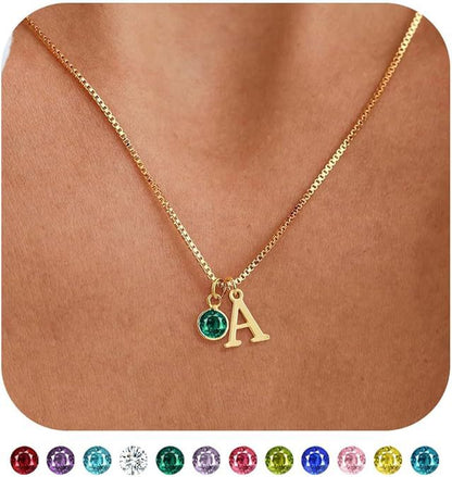 14K Gold Plated Initial Birthstone Necklace Clavicle Chain