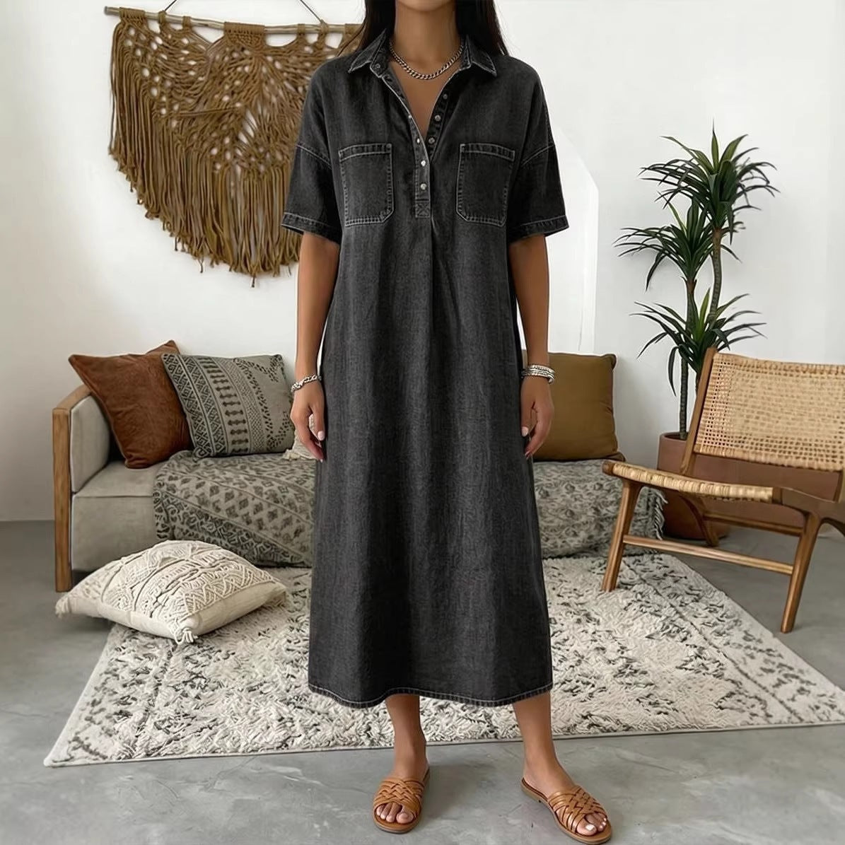 Casual V-Neck Denim Dress