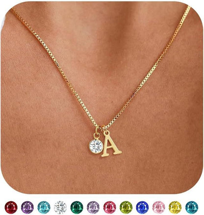 14K Gold Plated Initial Birthstone Necklace Clavicle Chain