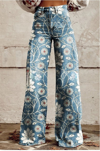 Digital Printed Five-Pointed Star Faux Denim Wide-Leg Pants, 3D Flared Trousers
