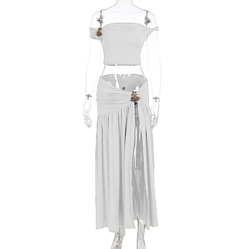 Sexy One-Shoulder Crop Top and Ruched Skirt Set