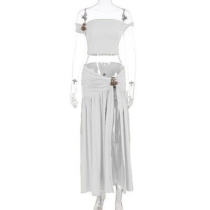 Sexy One-Shoulder Crop Top and Ruched Skirt Set