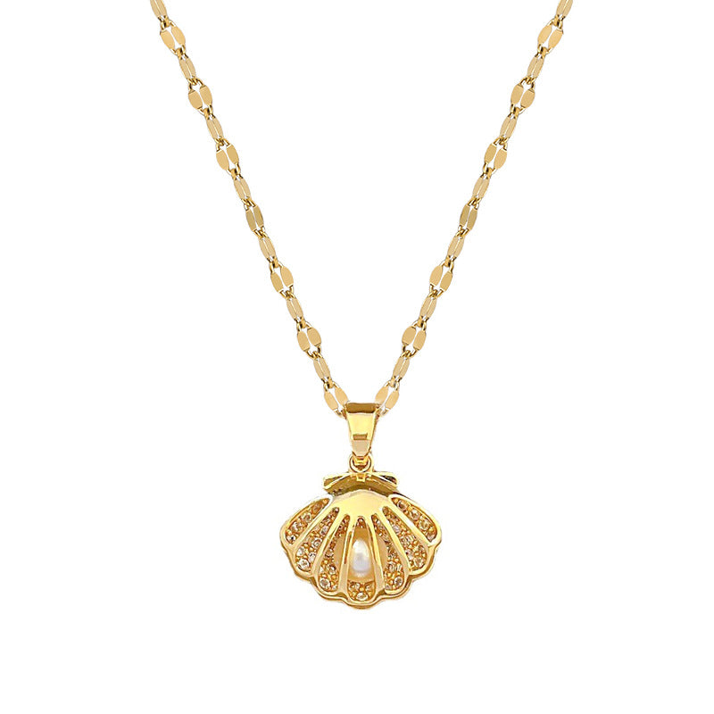 Titanium Steel Diamond Micro Zircon Hollow Shell Pearl Necklace