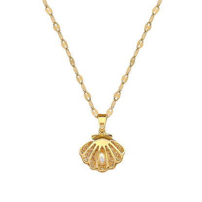 Titanium Steel Diamond Micro Zircon Hollow Shell Pearl Necklace