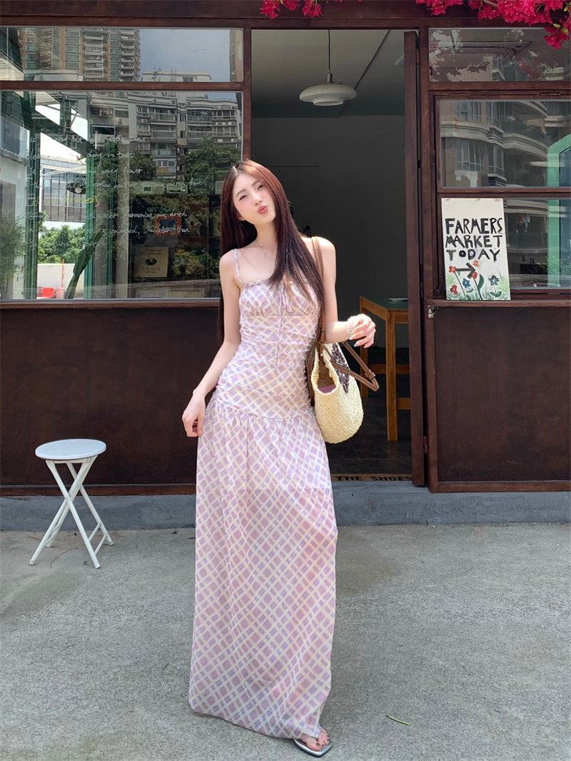 French Pink Plaid Tulle Suspender Dress