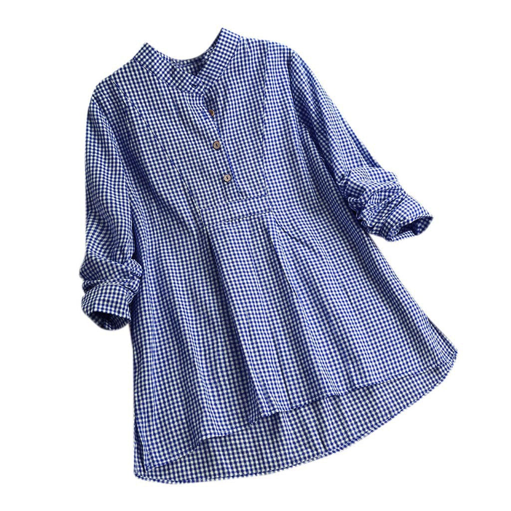 Plaid Stand Collar Pullover Shirt Long Sleeve  Top