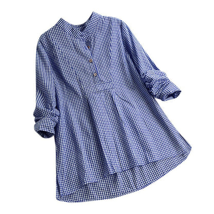 Plaid Stand Collar Pullover Shirt Long Sleeve  Top