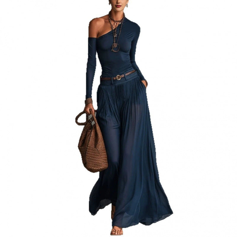 Solid Color Simple One-Shoulder Long-Sleeve Casual Set Long Dress