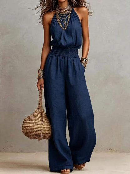 Linen European-style  dress with backless one-piece pants