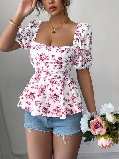 Floral Print Square Neck Puff Sleeve Blouse