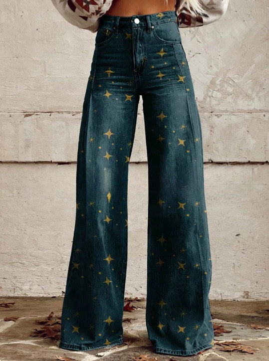 Digital Printed Five-Pointed Star Faux Denim Wide-Leg Pants, 3D Flared Trousers