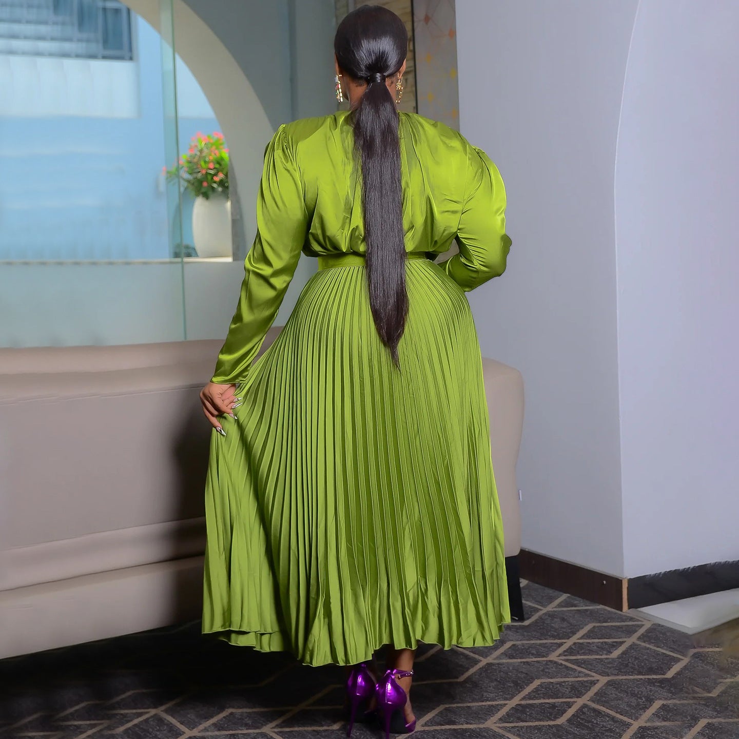 Plus Size Long Sleeve Pleated Skirt Suit with Lace-Up Detail
