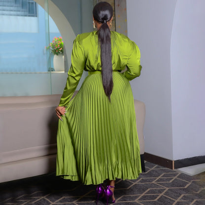 Plus Size Long Sleeve Pleated Skirt Suit with Lace-Up Detail