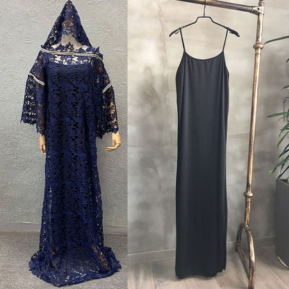 African Lace Loose Plus Size Gown Dress Trumpet Sleeve Fashion Dress with Turban