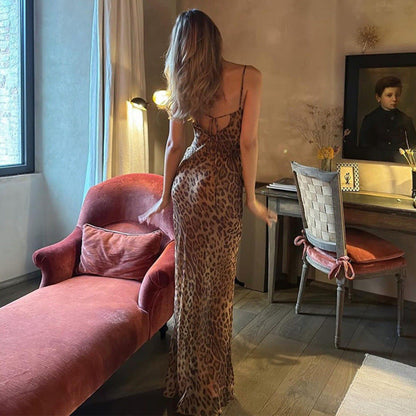 Women's Leopard Print Open Back Long Dress Drip Depot