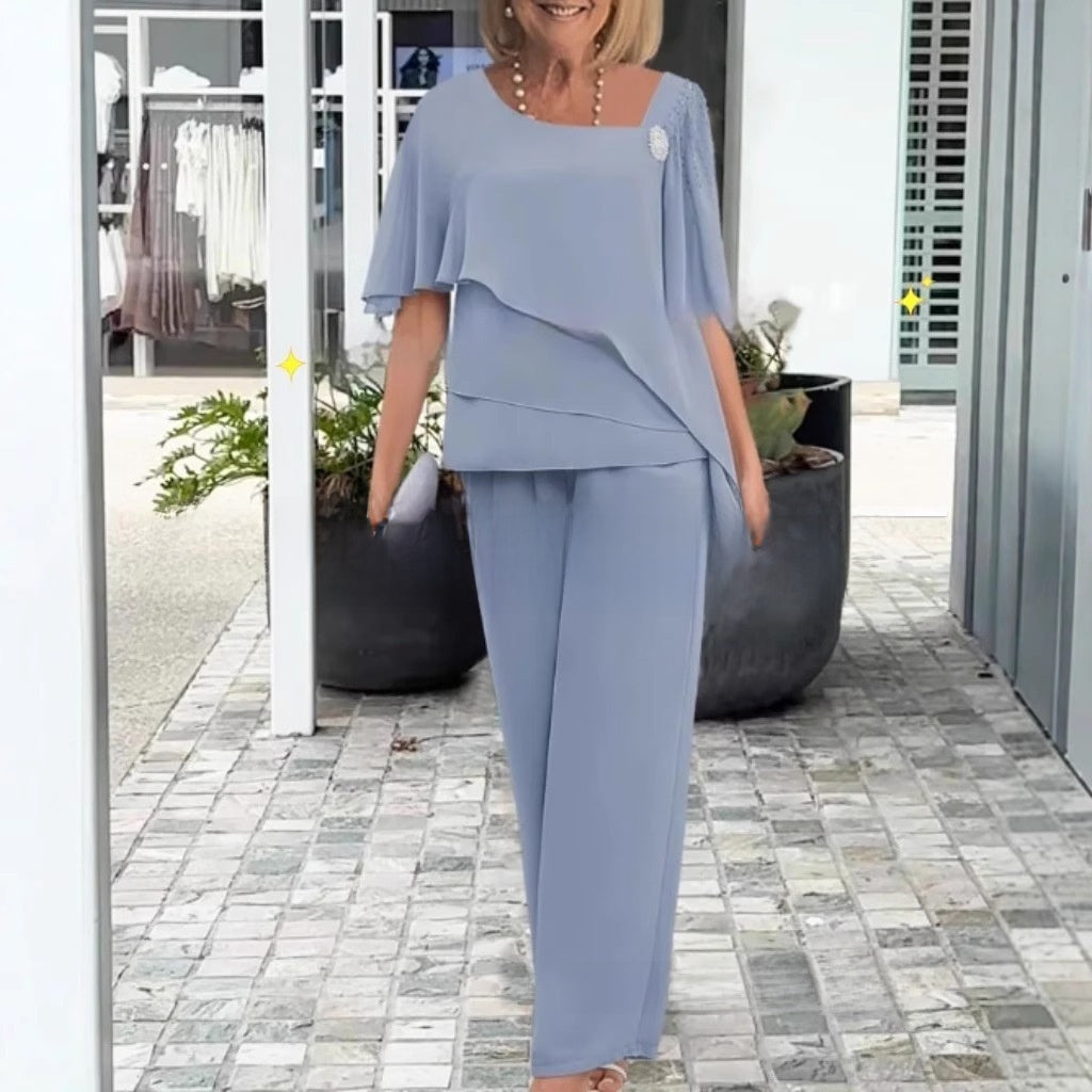 Chiffon Beaded Wide-Leg Pants
