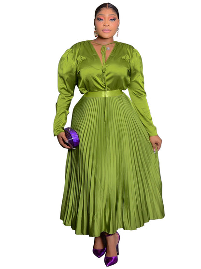 Plus Size Long Sleeve Pleated Skirt Suit with Lace-Up Detail