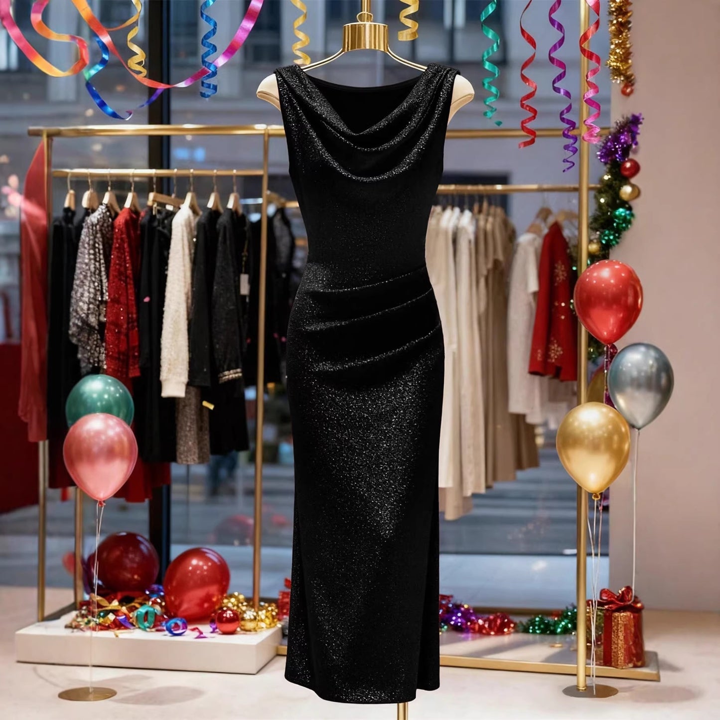Silk Draped Collar Evening Gown