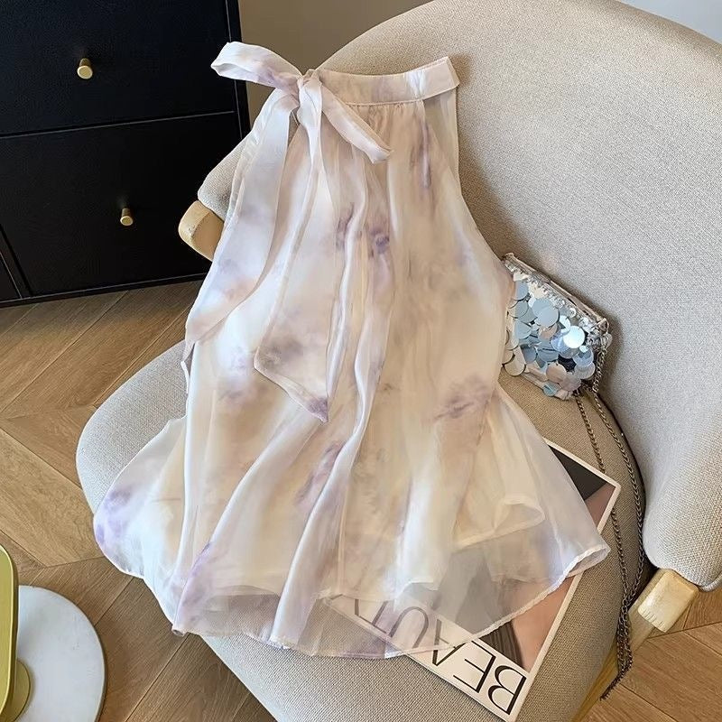 French Style Sleeveless Chiffon Halter Neck Top