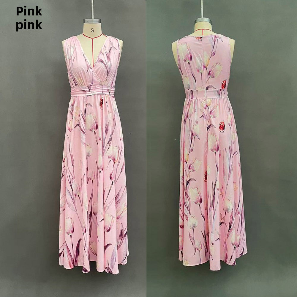 Floral Print V-Neck Sleeveless Long Dress