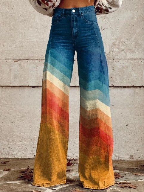 Digital Printed Five-Pointed Star Faux Denim Wide-Leg Pants, 3D Flared Trousers
