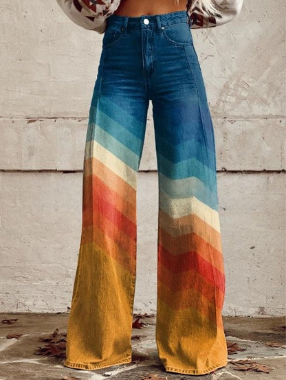 Digital Printed Five-Pointed Star Faux Denim Wide-Leg Pants, 3D Flared Trousers
