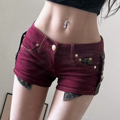Low Waist Denim Shorts with Leopard Print