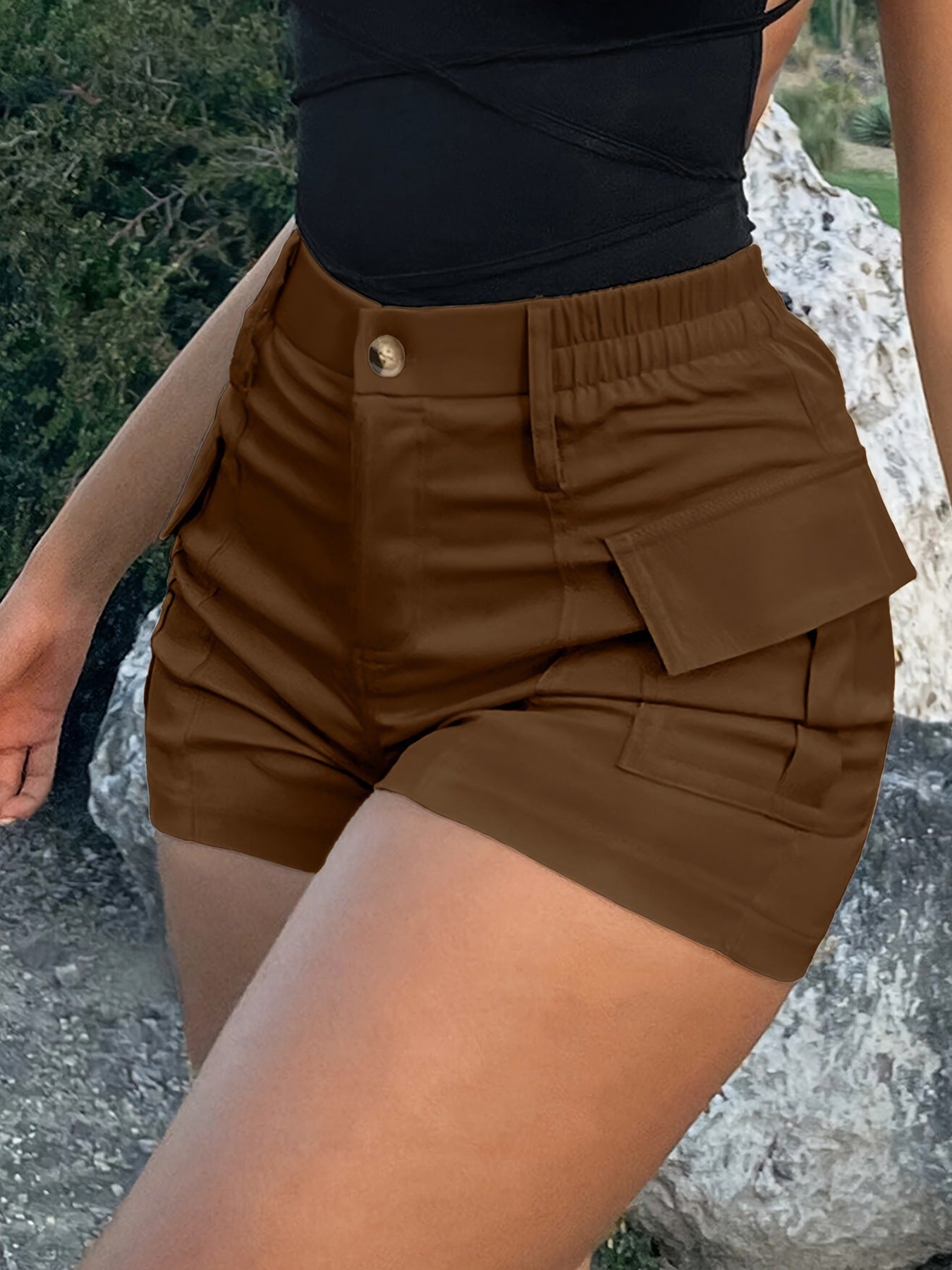 High Waist Button Front Cargo Shorts