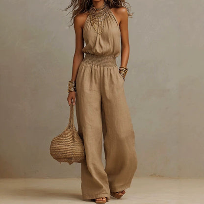 Linen European-style  dress with backless one-piece pants