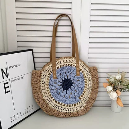 Round Woven Straw Tote Bag