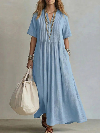 Women's V-Neck Pleated Cotton Linen Dress Drip Depot