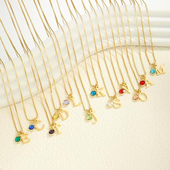 14K Gold Plated Initial Birthstone Necklace Clavicle Chain